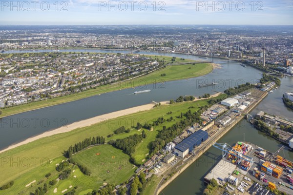 Aerial view, sandy beach paradise beach Düsseldorf parliamentary bank at the river Rhine,