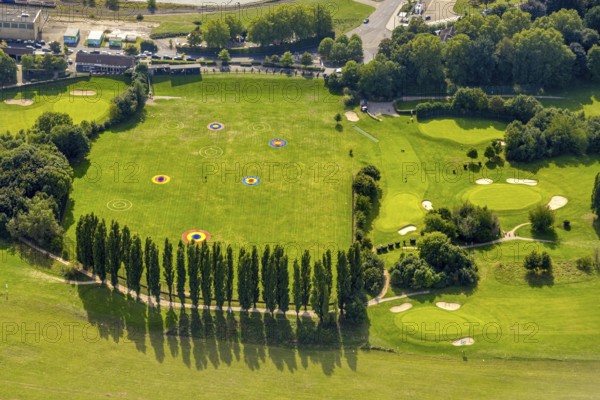 Aerial view, golf course Auf der Lausward and golf meadow with coloured circles and sand bunker,