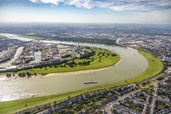 Aerial view, river Rhine Rhine bend, golf course Auf der Lausward and harbour with Lausward power