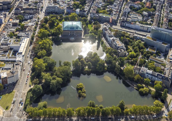 Aerial view, Ständehauspark with Ständehaus, Kaiserteich and Schwanenspiegel, Unterbilk,