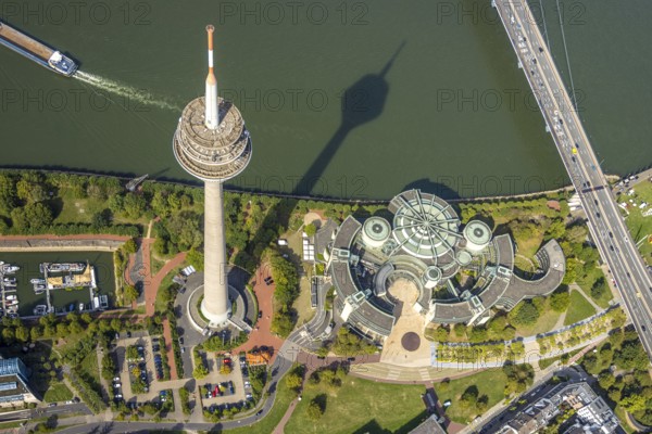 Aerial view, Rhine Tower in the Rhine Park Bilk near the Media Harbour on the river Rhine, State