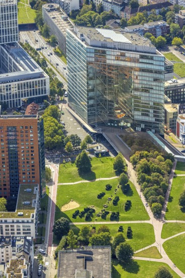 Aerial view, office building Stadttor and BürgerPark, Unterbilk, Düsseldorf, Ruhr area, North