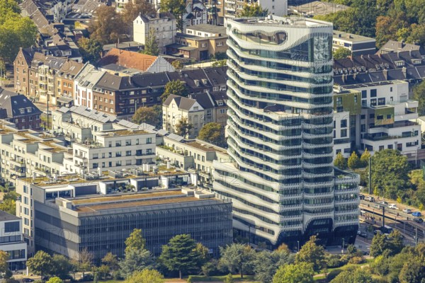 Aerial view, high-rise building The Zipper Hotel and Apartments, Heerdt, Düsseldorf, Ruhr area,