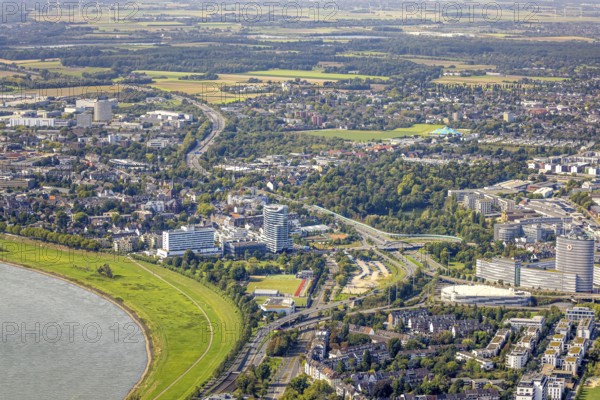 Aerial view, high-rise building The Zipper Hotel and Apartments, Schön Klinik Hospital, between the