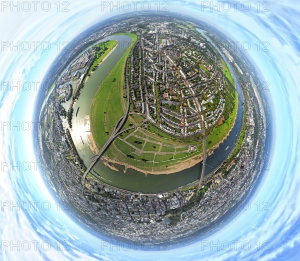 Aerial view, district Oberkassel with Festwiese Oberkassel, Rheinkniebrücke and Oberkasseler Brücke