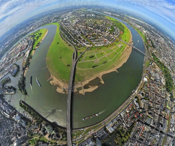 Aerial view, district Oberkassel with Festwiese Oberkassel, Rheinkniebrücke and Oberkasseler Brücke