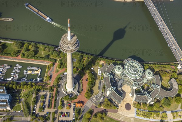 Aerial view, Rhine Tower in the Rhine Park Bilk near the Media Harbour on the river Rhine, State