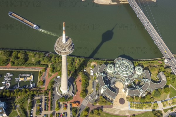 Aerial view, Rhine Tower in the Rhine Park Bilk near the Media Harbour on the river Rhine, State