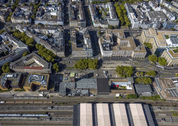 Aerial view, station building, station forecourt, main station, Konrad-Adenauer-Platz, city centre,