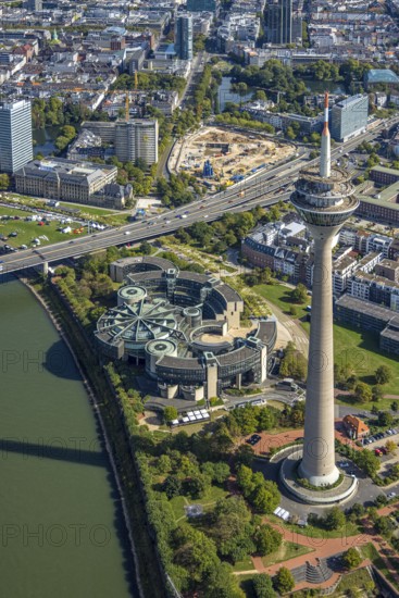 Aerial view, State Parliament of North Rhine-Westphalia and Rhine Tower at the Rhine Park, behind