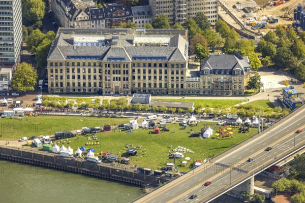 Aerial view, event with pavilions of the meadow at the state chancellery of North Rhine-Westphalia,