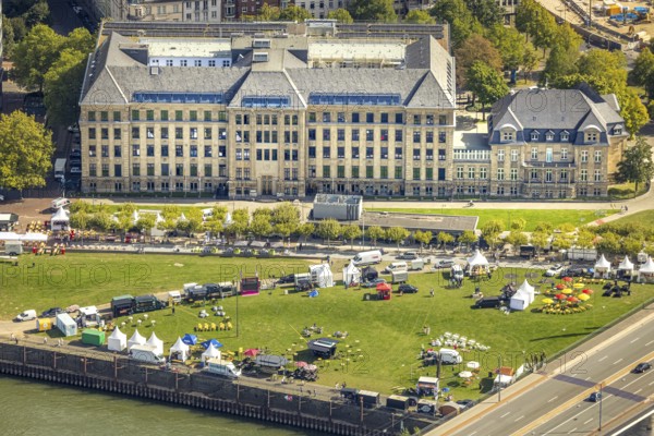 Aerial view, event with pavilions on the meadow at the State Chancellery of North Rhine-Westphalia,