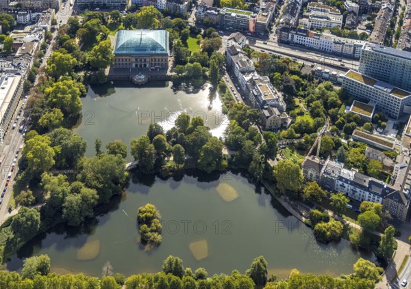 Aerial view, Ständehauspark with Ständehaus, Kaiserteich and Schwanenspiegel, Unterbilk,