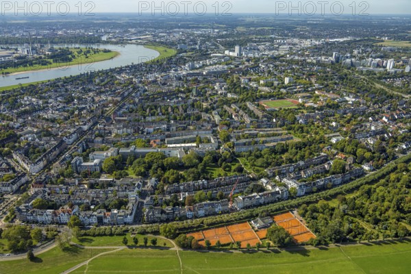 Aerial view, residential area local view district Niederkassel and Oberkassel, district sports