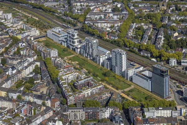Aerial view, Le Quartier Central at Berty-Albrecht-Park, office buildings La Tete and Le Flux,