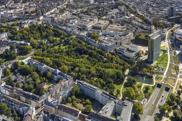 Aerial view, Hofgarten Park, Dreischeibenhaus and Schauspielhaus, Hofgarten Palais, Pempelfort,