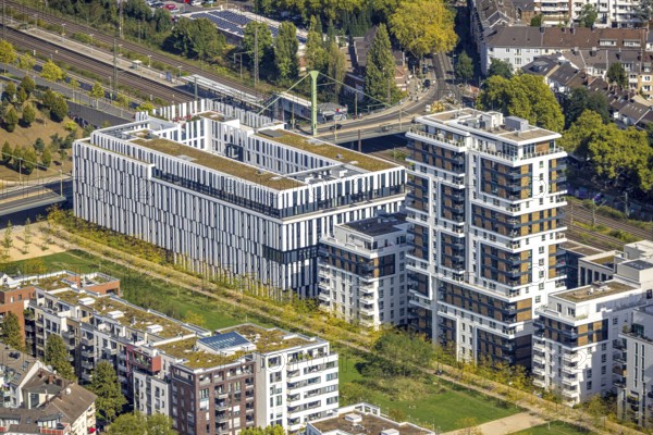 Aerial view, Le Quartier Central, Berty-Albrecht-Park, office building La Tete and Le Flux,