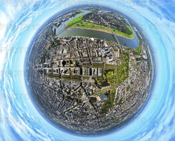 Aerial view, old town and Königsallee with tree avenue, city centre view and commercial buildings,