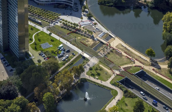 Aerial view, Kö-Bogen tunnel Hofgartenstraße, tram line over the river Nördliche Düssel, city
