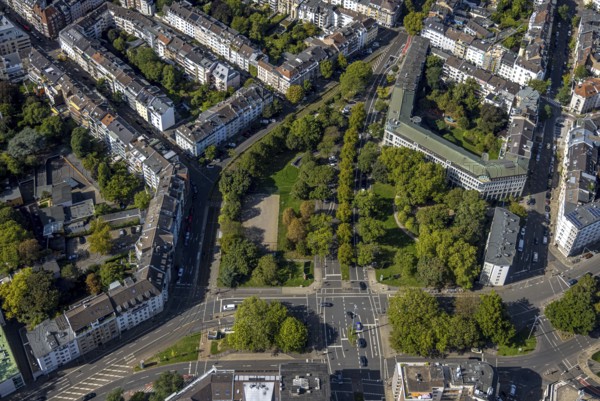 Aerial view, park and street crossing Prinz-Georg-Straße with Vagedesstraße, bus stop D-Schloss
