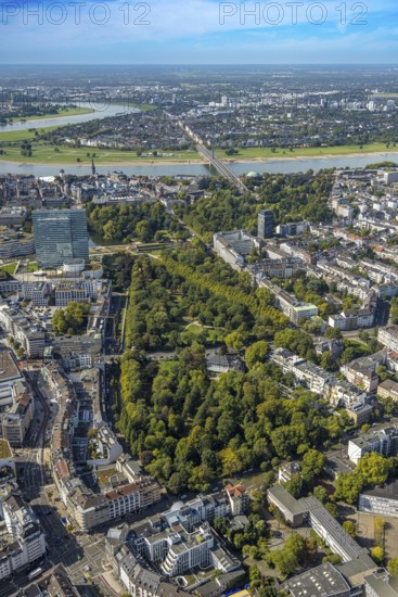 Aerial view, Hofgarten Park, Dreischeibenhaus and Schauspielhaus, view to the river Rhine,