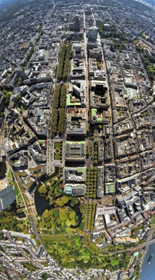 Aerial view, Königsallee with tree avenue, city centre view and commercial buildings, Hofgarten and