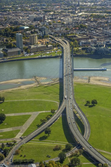 Aerial view, Rheinkniebrücke over the river Rhine, State Chancellery of North Rhine-Westphalia,