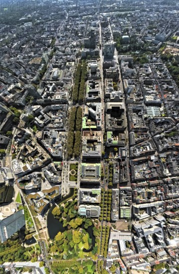 Aerial view, Königsallee with tree avenue, city centre view and commercial buildings, Hofgarten and