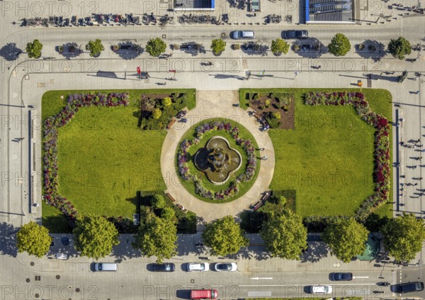 Aerial view, Corneliusplatz with fountain and flower bed at Königsallee, city centre, Düsseldorf,