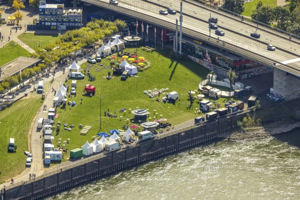Aerial view, event with pavilions on the meadow next to the Rheinkniebrücke, Carlstadt, Düsseldorf,