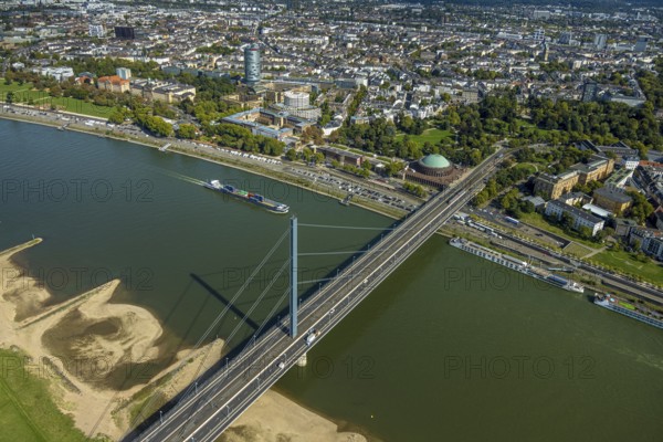 Aerial view, Oberkasseler Brücke over the river Rhine and Tonhalle Düsseldorf, Rhine promenade,