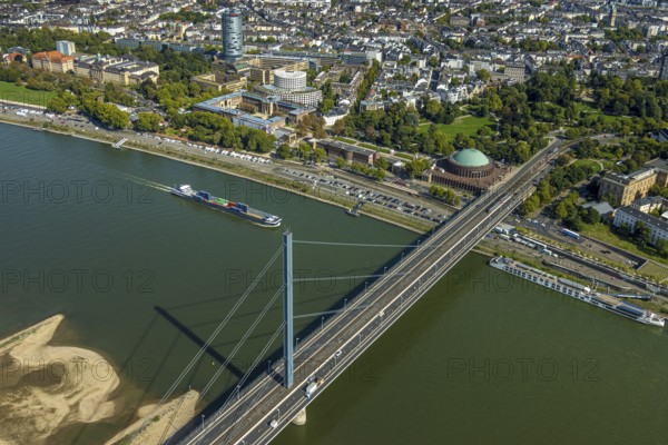 Aerial view, Oberkasseler Brücke over the river Rhine and Tonhalle Düsseldorf, Rhine promenade,