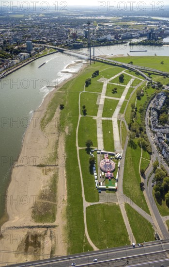 Aerial view, Rhine meadows Oberkassel with circus tent Waterland, behind the Rhine knee bridge over