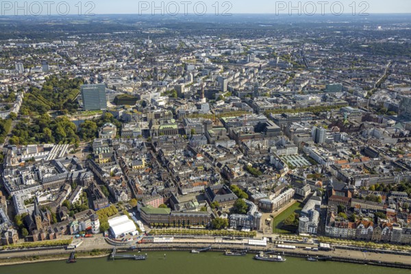 Aerial view, city centre view with the old town and Rheinpromnade, Dreischeibenhaus and