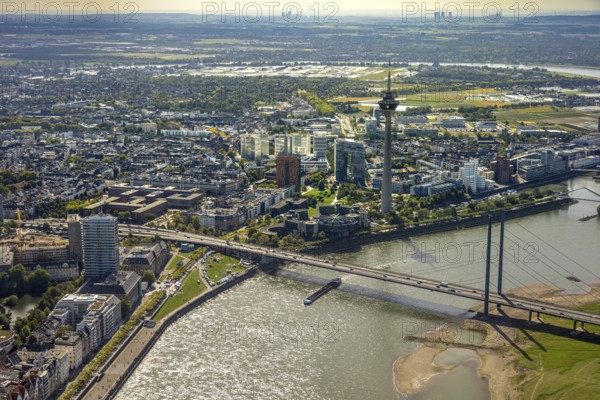 Aerial view, Rheinkniebrücke and Rheinturm with Landtag North Rhine-Westphalia, harbour,