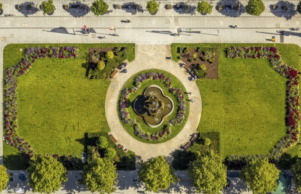 Aerial view, Corneliusplatz with fountain and flower bed at Königsallee, city centre, Düsseldorf,