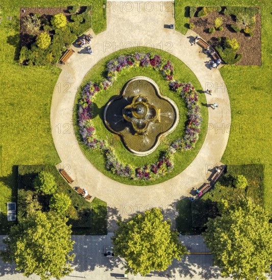 Aerial view, Corneliusplatz with fountain and flower bed at Königsallee, city centre, Düsseldorf,