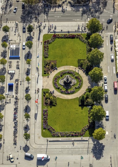 Aerial view, Corneliusplatz with fountain and flower bed at Königsallee, city centre, Düsseldorf,