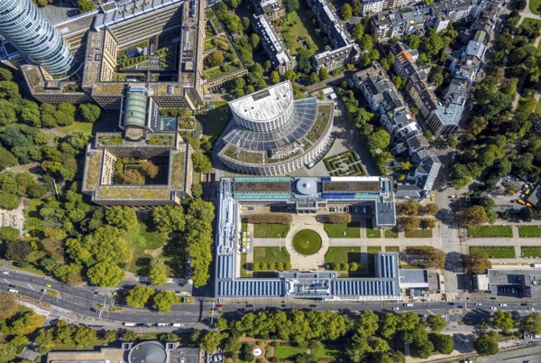 Aerial view, Ehrenhof Kunstpalast art museum, semicircular building Ministry of the Environment,