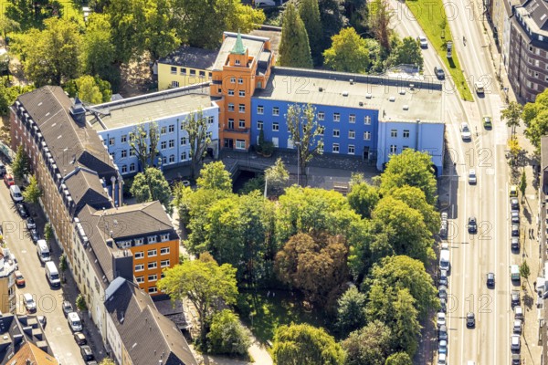 Aerial view, residential area and colourful house facades, house with turrets, Eulerstrasse