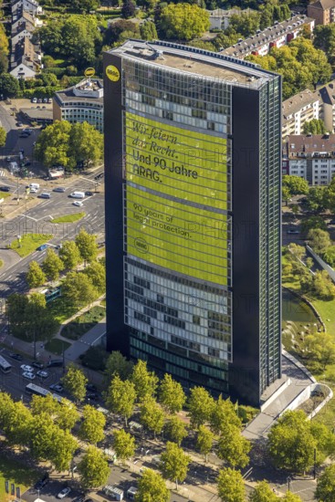 Aerial view, ARAG high-rise office building, slogan We celebrate the law and 90 years of ARAG,
