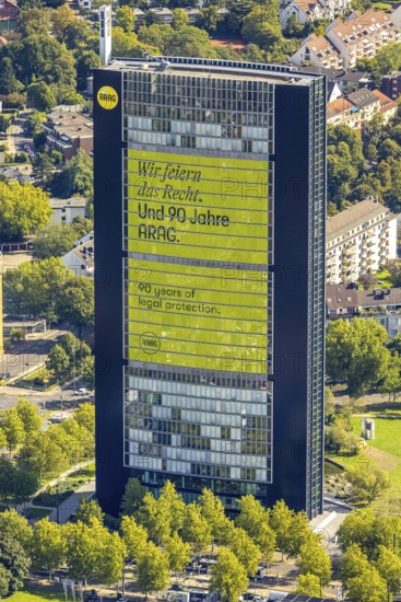 Aerial view, ARAG high-rise office building, slogan We celebrate the law and 90 years of ARAG,
