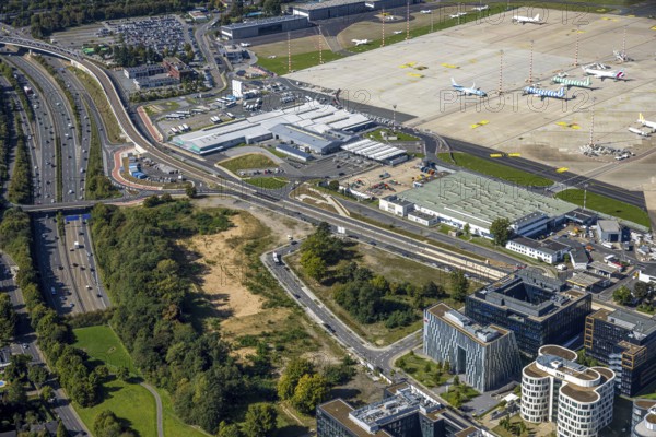 Aerial view, DUS Airport Düsseldorf apron, commercial area DUS Airport-City airport road and