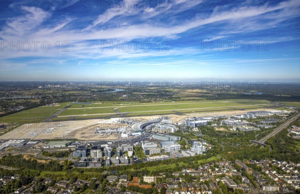 Aerial view, DUS Airport Düsseldorf with reception building, runway and landing strip, commercial