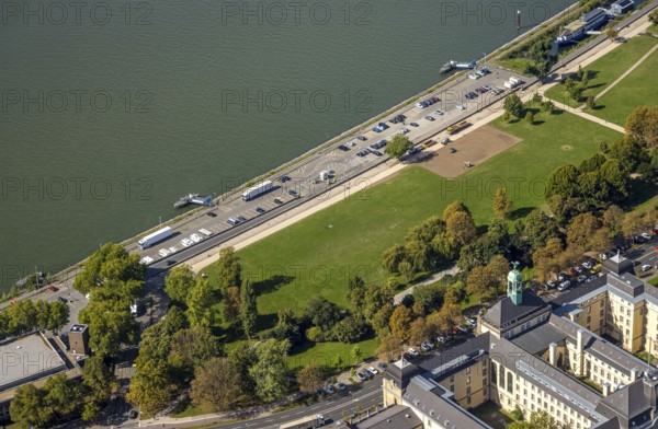Aerial view, Rheinpark Golzheim and Rhine promenade, roof dome with eagle figure tower of the