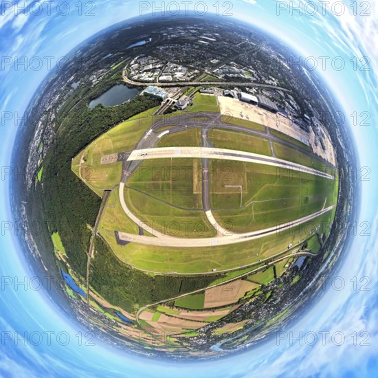 Aerial photo, DUS Airport Düsseldorf Airport with runway and landing strip, globe, fisheye image,