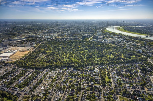 Aerial view, North cemetery with green trees and cemetery of the Jewish community Düsseldorf K.d.ö