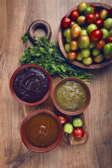 Set of tkemali sauces, three types of tkemali sauce, in ceramic bowls, top view, Georgian cuisine,