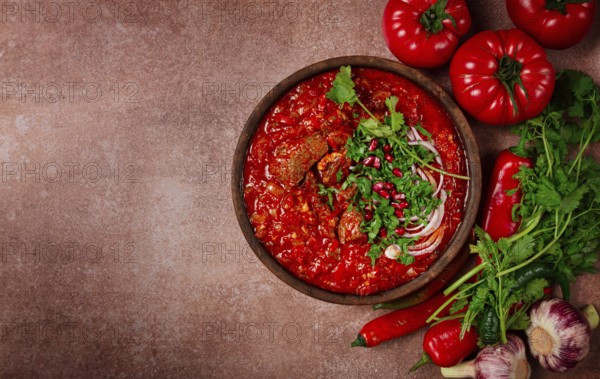 Chashushuli, a traditional Georgian dish, spicy, stewed meat with tomatoes and spices, homemade, no