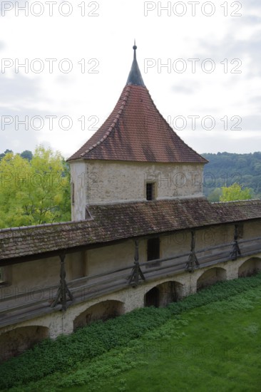 Medieval battlements at Comburg Castle, Benedictine monastery, Way of St James, pilgrimage route,